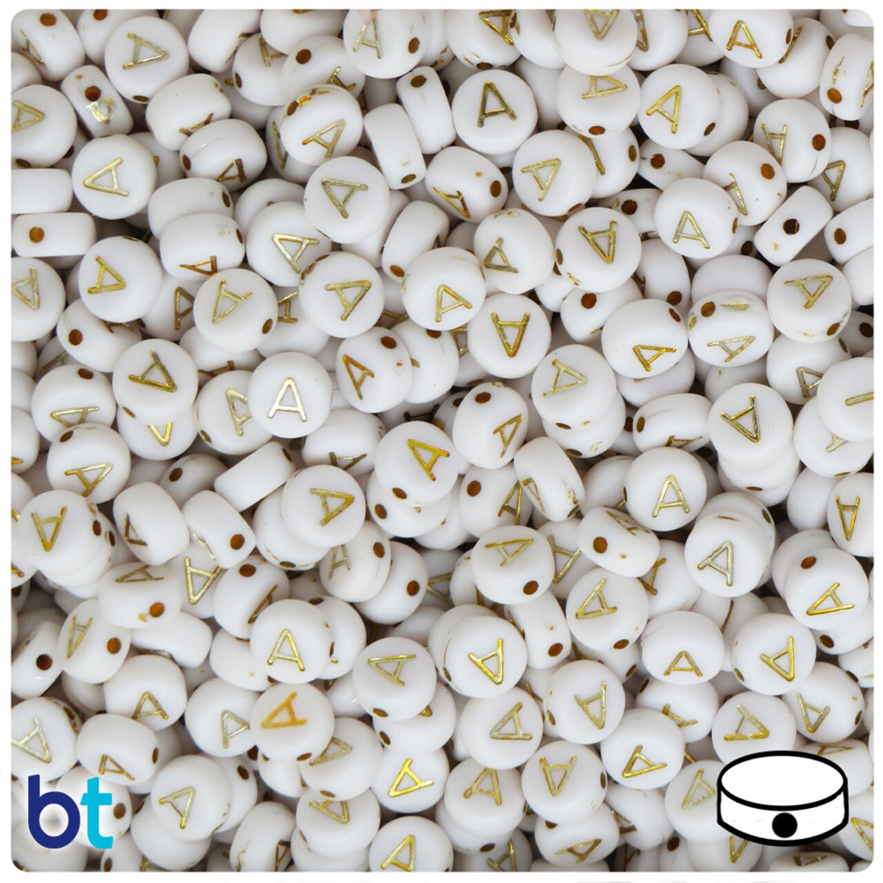BeadTin White Opaque 7mm Coin Plastic Alpha Beads - Gold Letter A (100pcs)